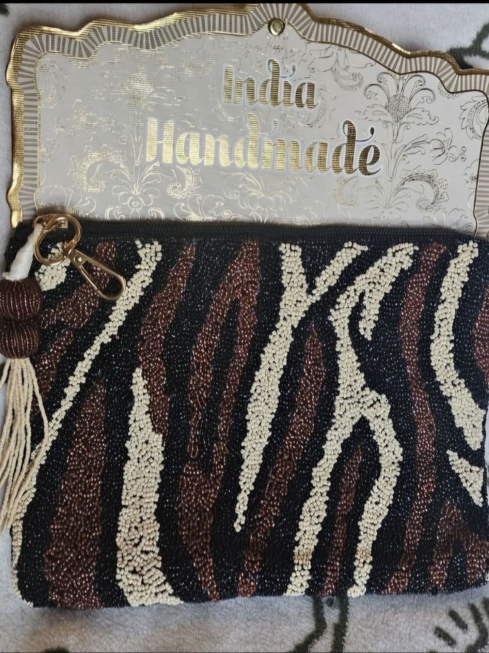 Handmade Beaded Animal Print Clutch - Black, Brown, Cream